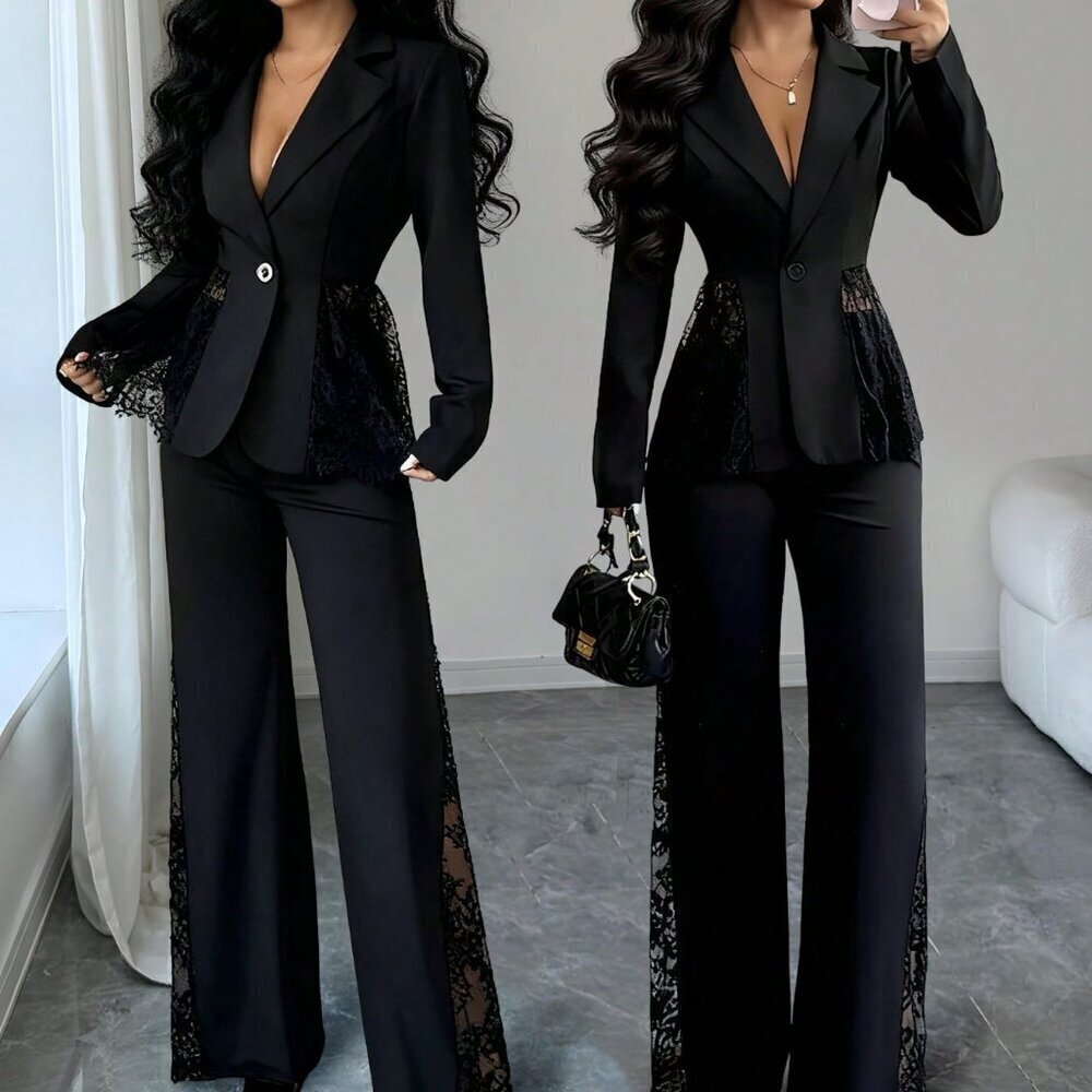 Black Casual Women's Single-Breasted Lace Patchwork Blazer & Pants Suit Set - Picture 8 of 8